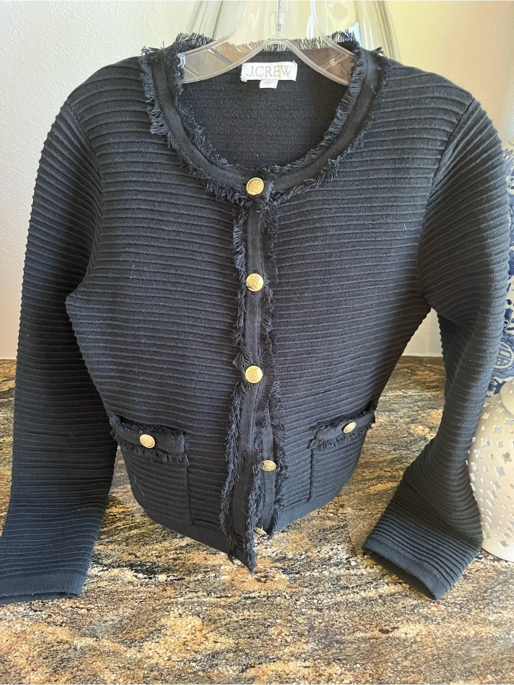J. Crew Black Ribbed Fringe-Trim Gold-Button Cardigan